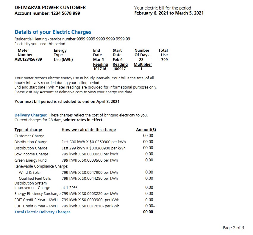 Delaware sample bill electric back Delmarva