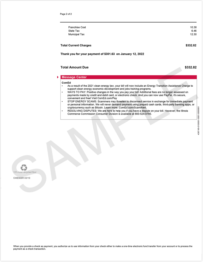 Illinois sample bill electric back comed