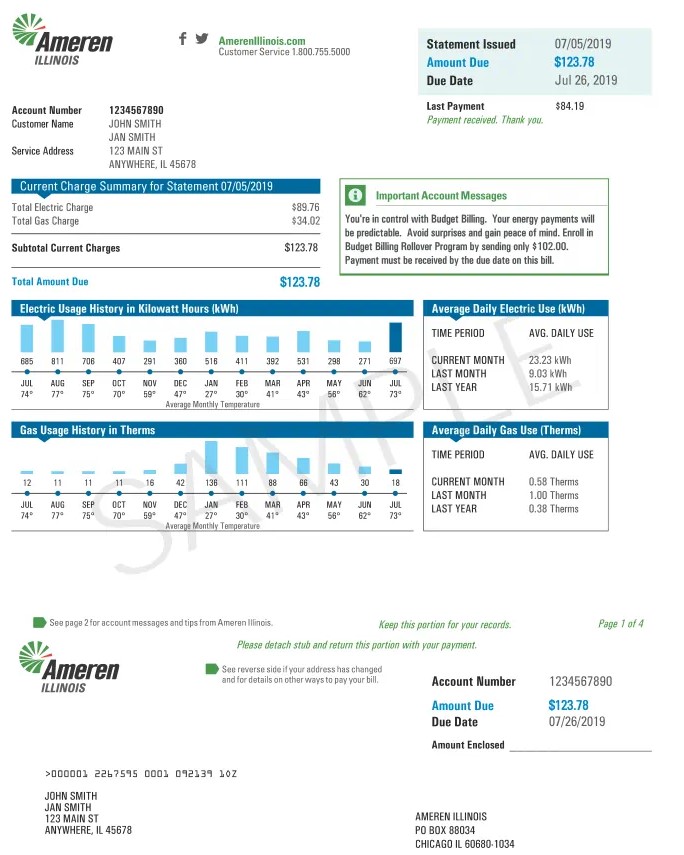 Illinois sample bill electricity front ameren