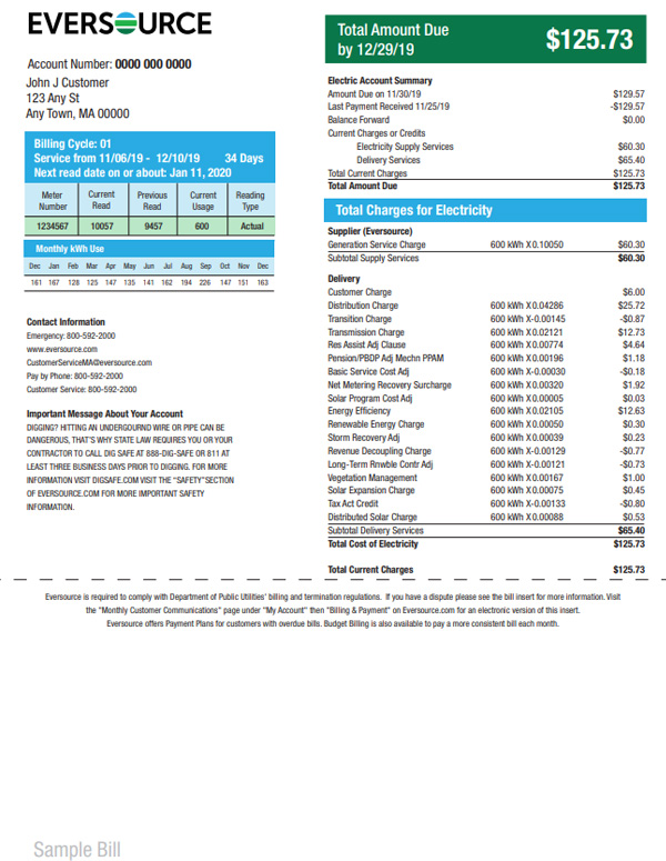 MA sample bill electricity back eversource