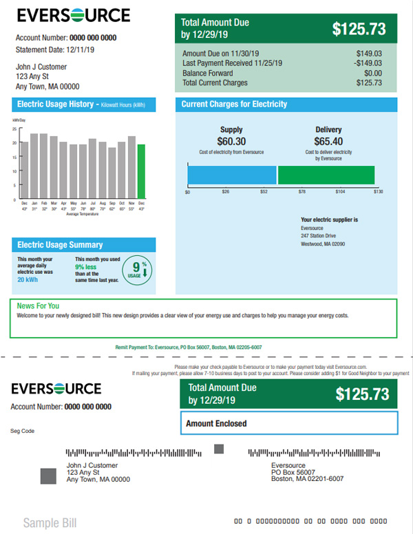 MA sample bill electricity front eversource