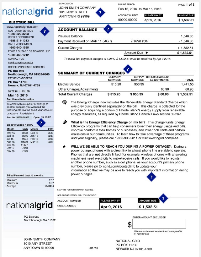 MA sample bill electricity front national grid