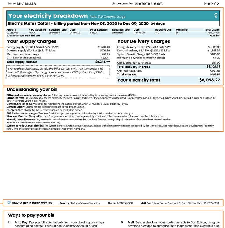 NY sample bill electricity back conedison