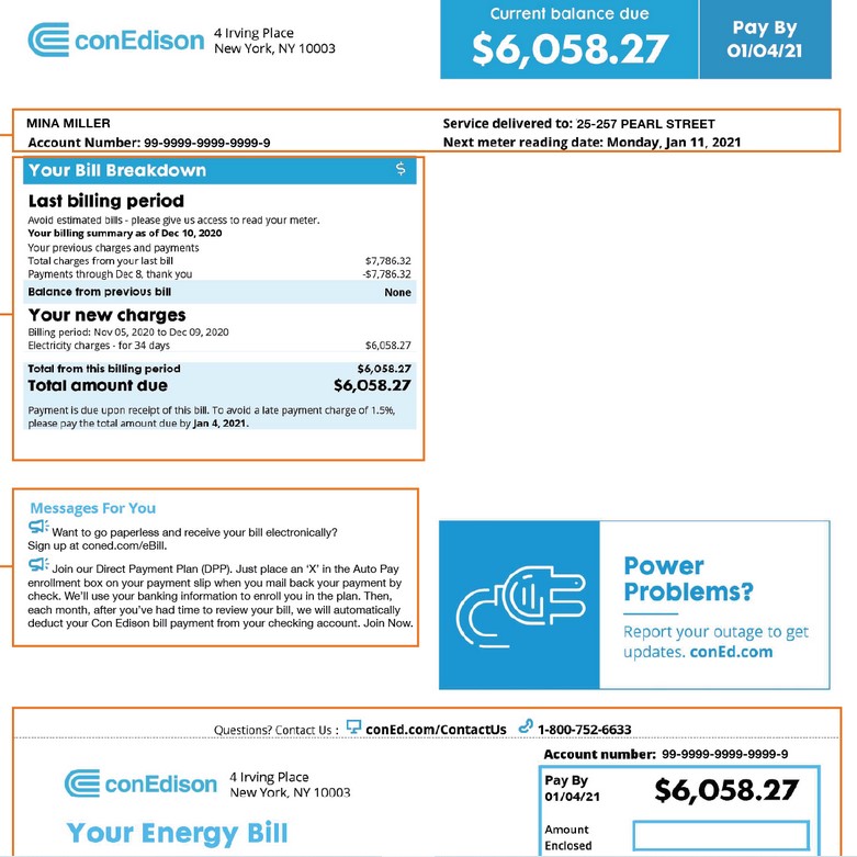 NY sample bill electricity front conedison