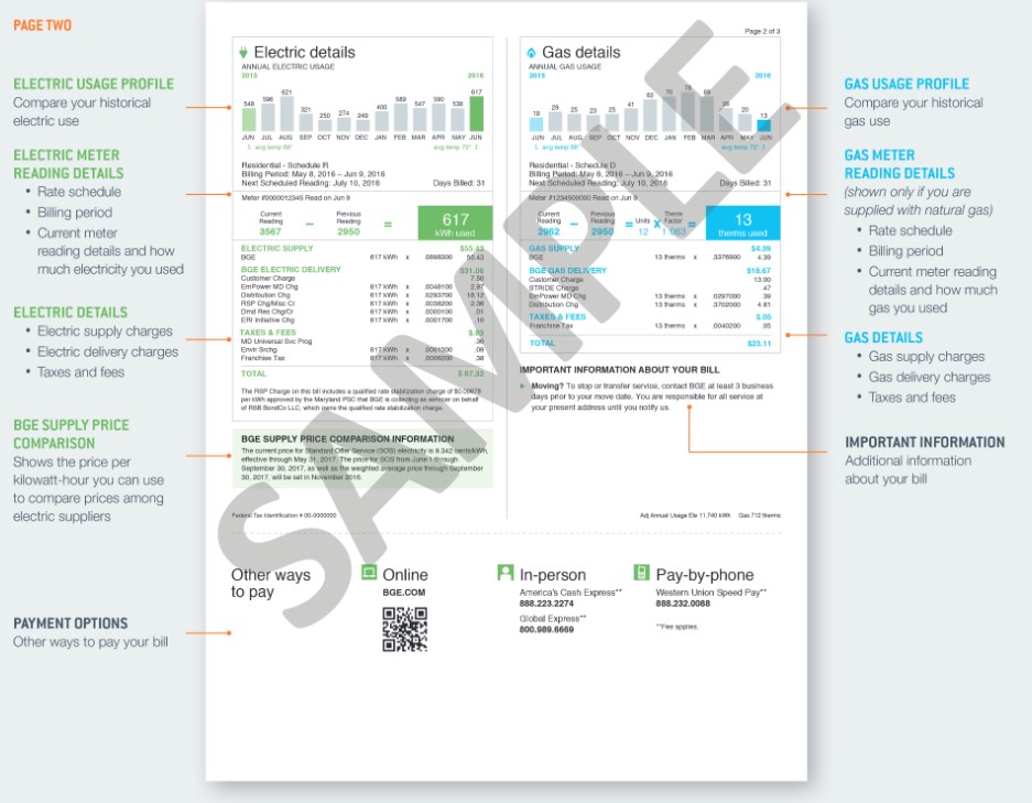 Maryland sample commercial bill electricity back BGE