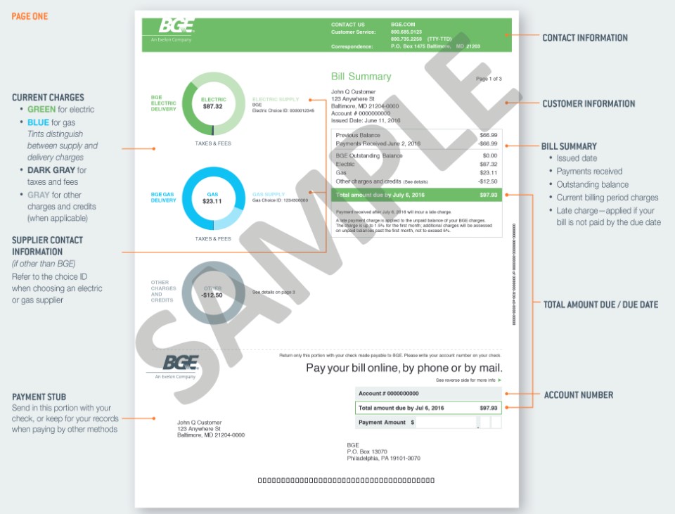 Maryland sample commercial bill electricity front BGE