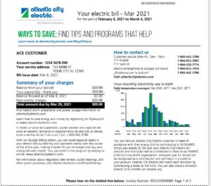 New Jersey sample commercial bill electricity front atlantic city