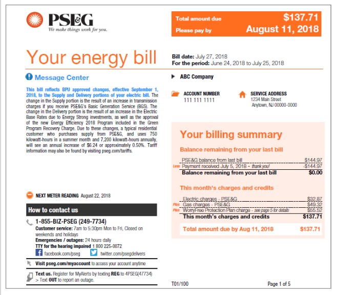 New Jersey sample bill commercial electricity front pseg