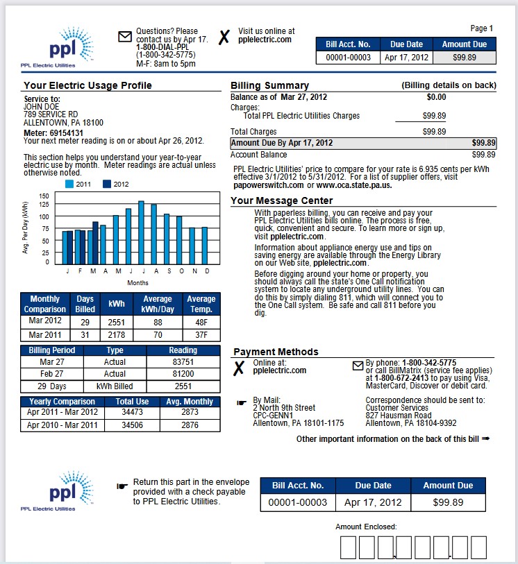 PPL utility electric sample bill